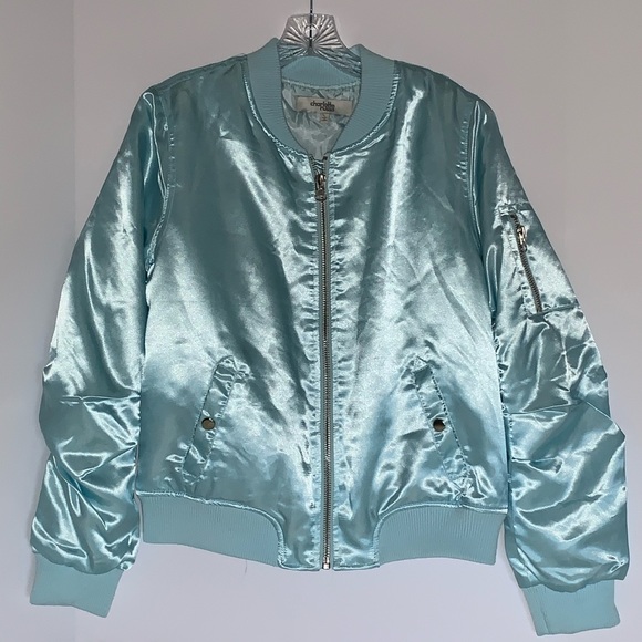 🔹BABY BLUE BOMBER JACKET, Satiny, Charlotte Russe - Picture 6 of 16